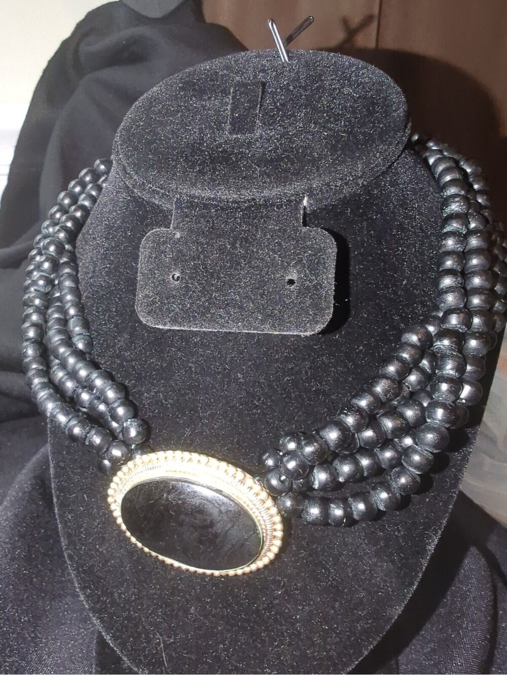 Vintage Multi-Strand Black Beaded Necklace with Large Oval Pendant